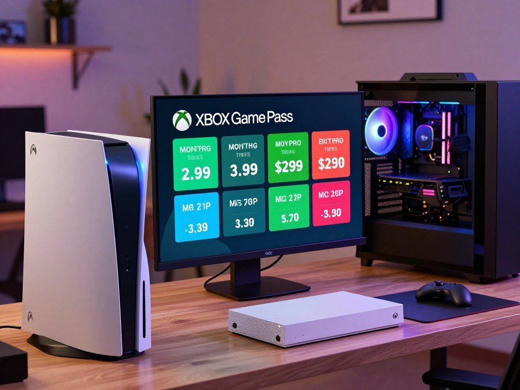 Xbox Game Pass monthly prices displayed beside console and computer