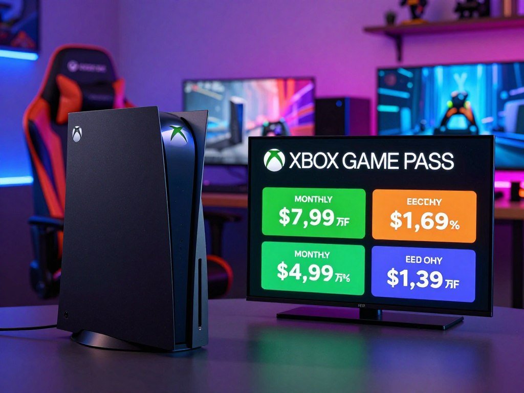 Xbox Game Pass monthly prices shown beside a console Xbox Game Pass monthly prices shown beside a console