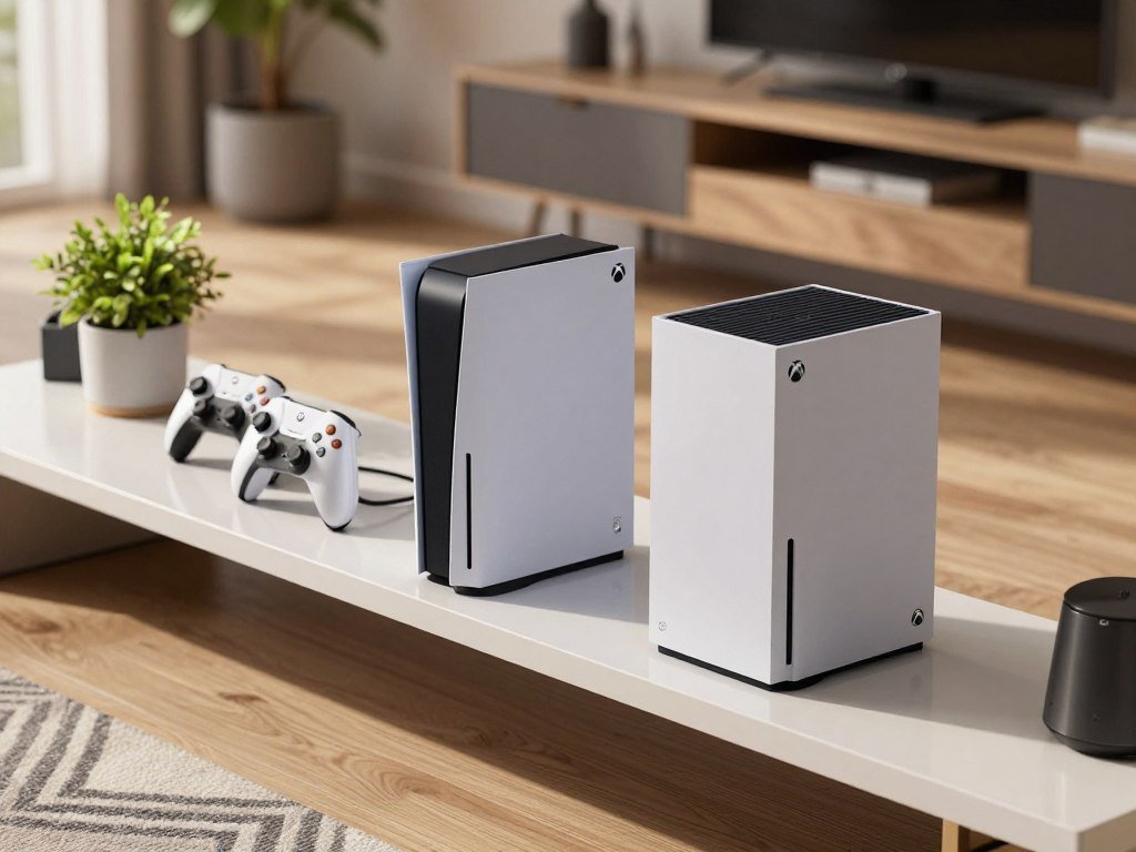 Xbox Series S and Series X consoles on a living room shelf