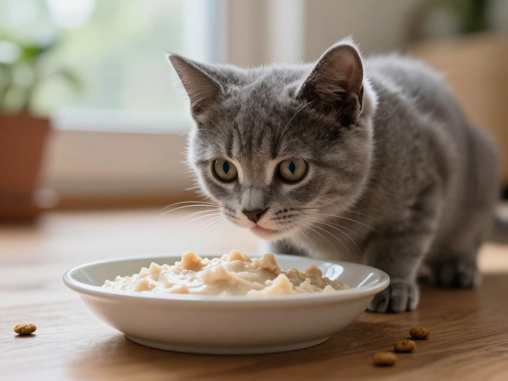 Young kitten starting gruel during gradual weaning Young kitten starting gruel during gradual weaning