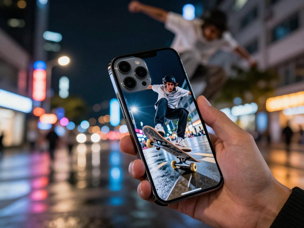 iPhone Pro cameras track a moving subject under night lights iPhone Pro cameras track a moving subject under night lights
